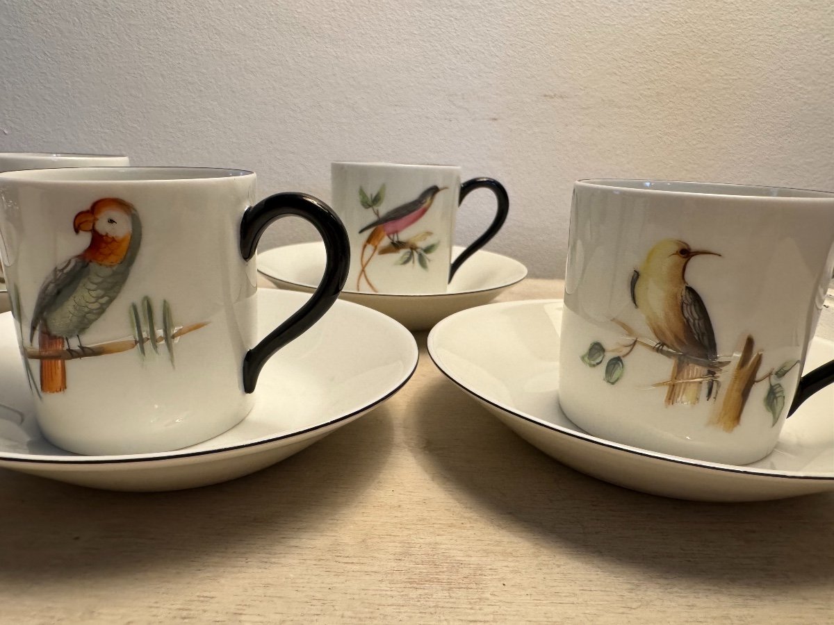 Antique Limoges Coffee Cup Set By Le Chambrelain Bird Decor 20th Century Porcelain-photo-3