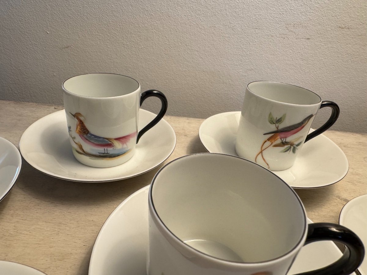 Antique Limoges Coffee Cup Set By Le Chambrelain Bird Decor 20th Century Porcelain-photo-4