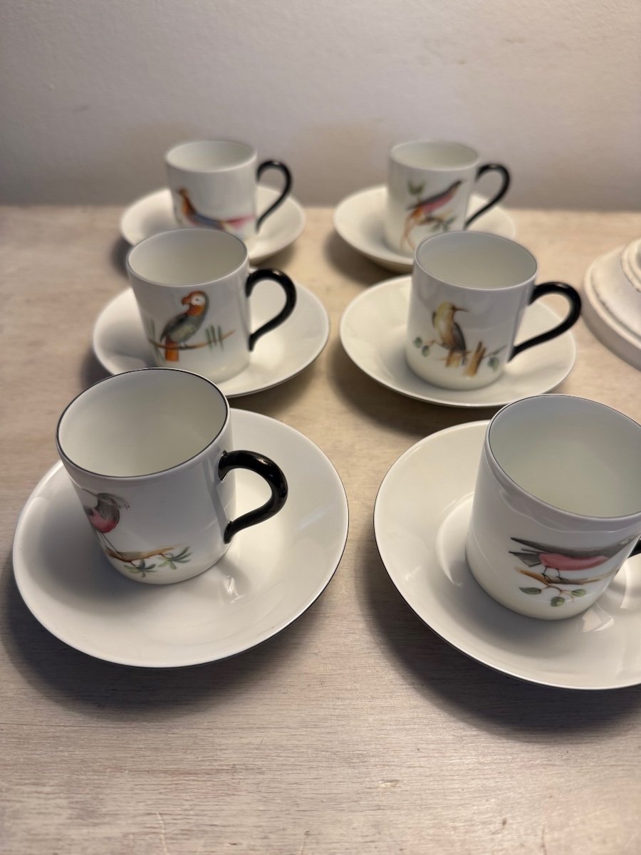 Antique Limoges Coffee Cup Set By Le Chambrelain Bird Decor 20th Century Porcelain-photo-6