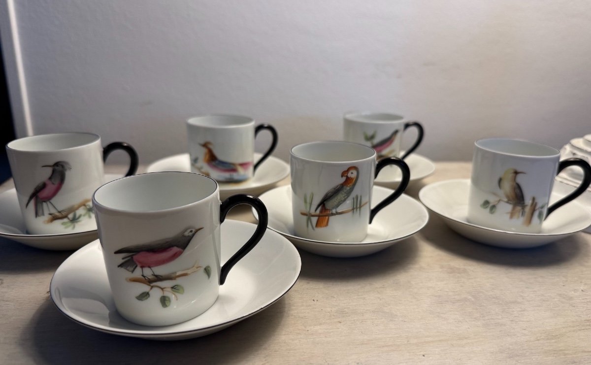 Antique Limoges Coffee Cup Set By Le Chambrelain Bird Decor 20th Century Porcelain