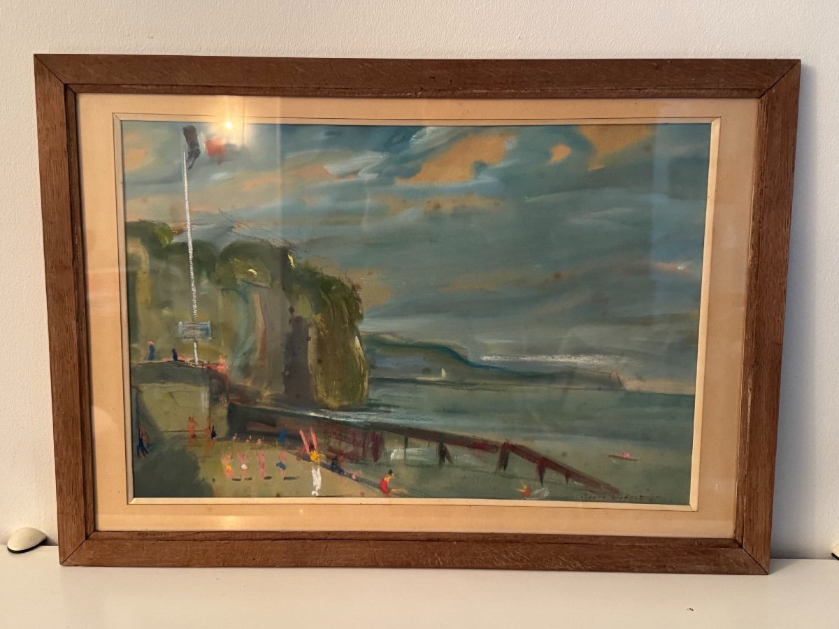 Old Pastel Painting Seaside Rouen School By Pierre Gueret Impressionist Post XX-photo-3