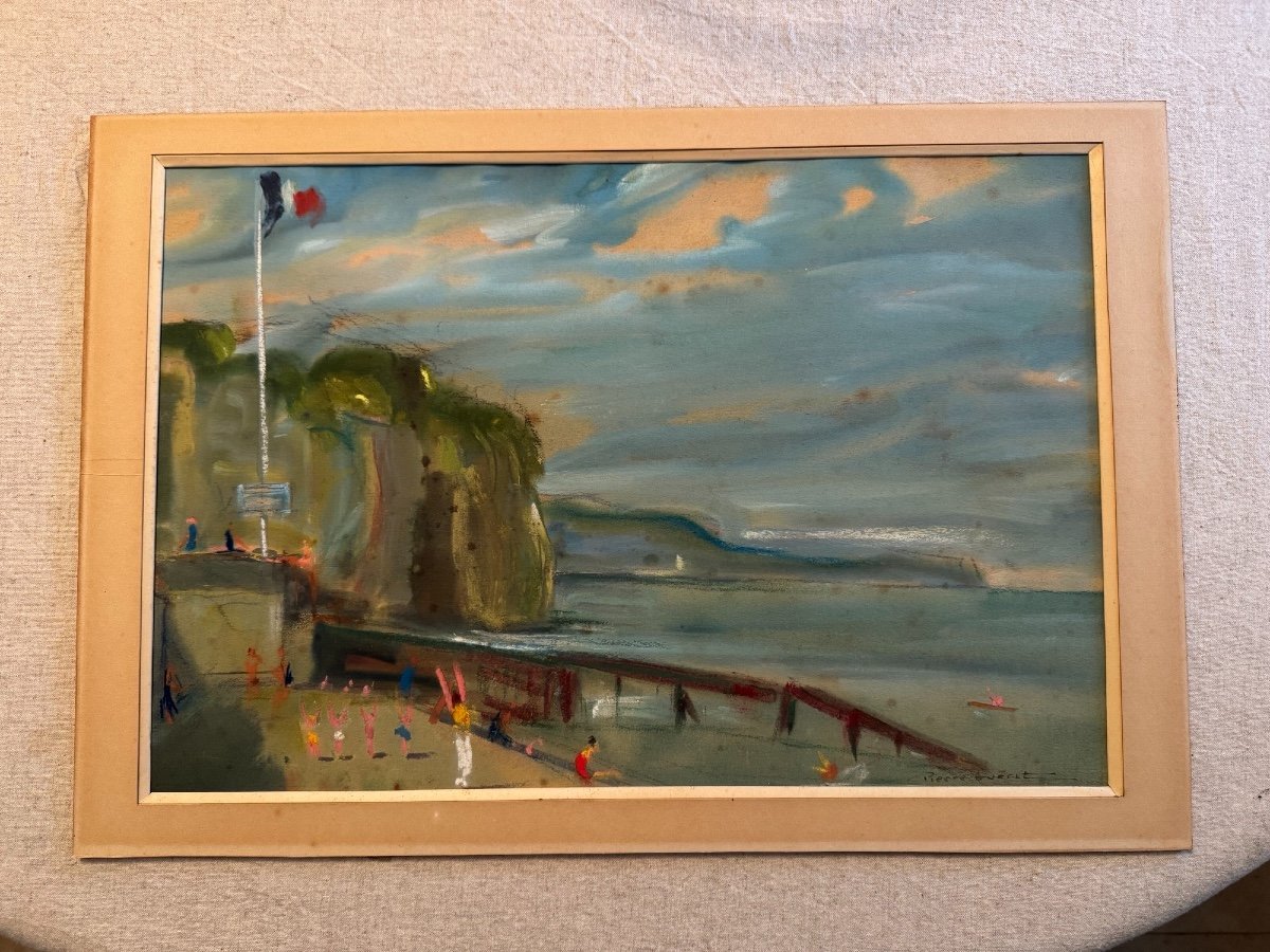 Old Pastel Painting Seaside Rouen School By Pierre Gueret Impressionist Post XX-photo-6