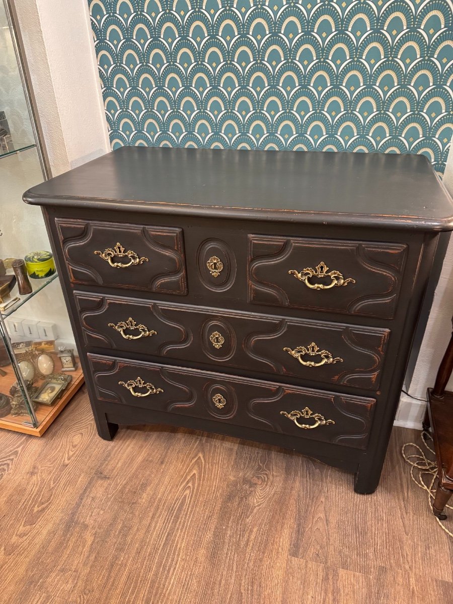 Old Small Chest Of Drawers Called Parisian Black Patinated Louis XIV Style Painted Furniture-photo-2