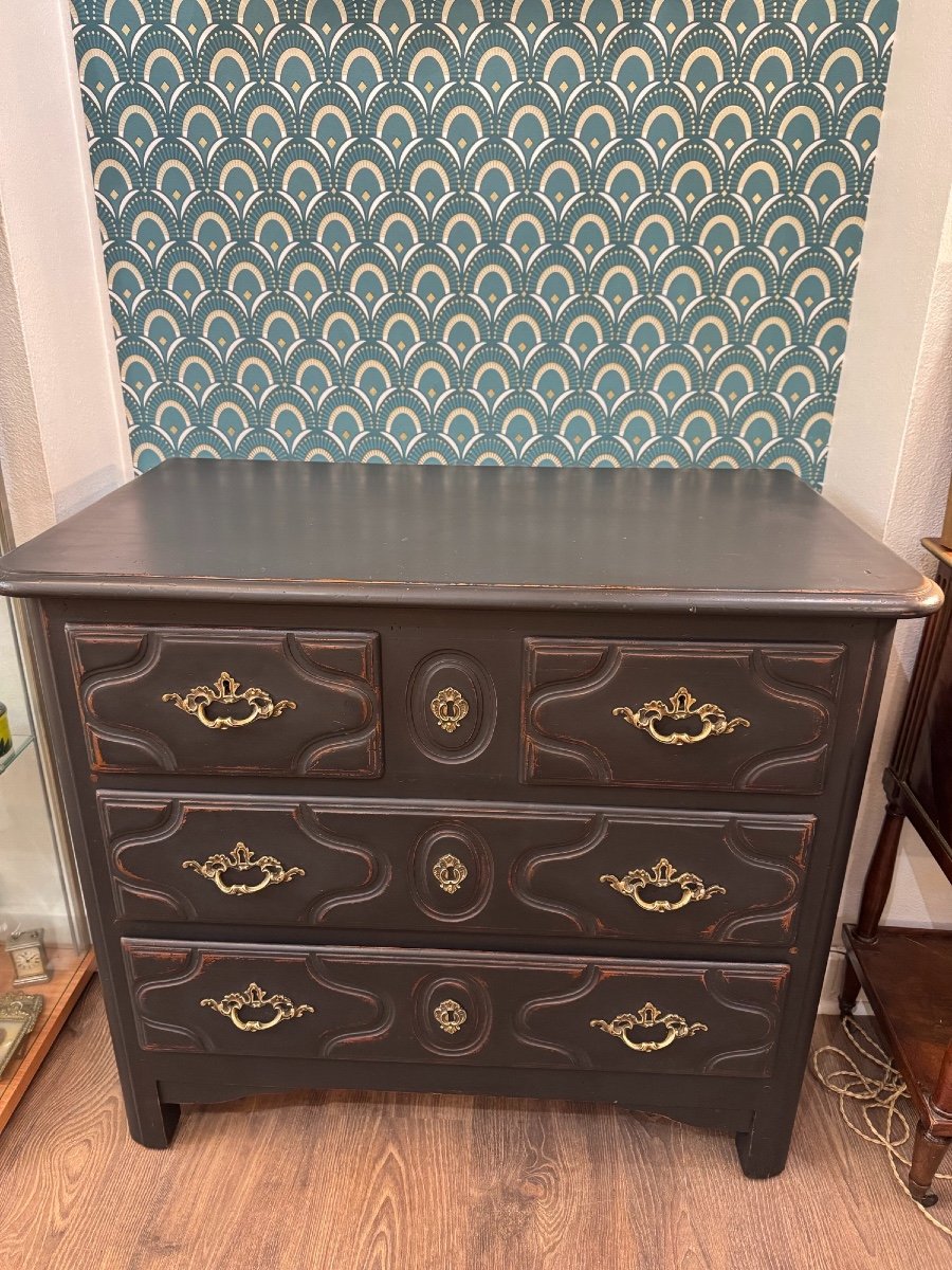 Ancienne Petite Commode Dite Parisienne Patinée Noire Style Louis XIV Meuble Peint-photo-3