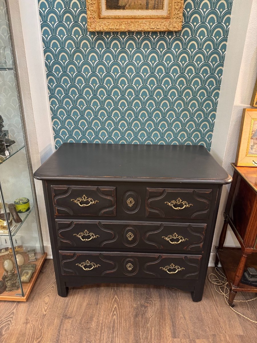 Old Small Chest Of Drawers Called Parisian Black Patinated Louis XIV Style Painted Furniture-photo-4