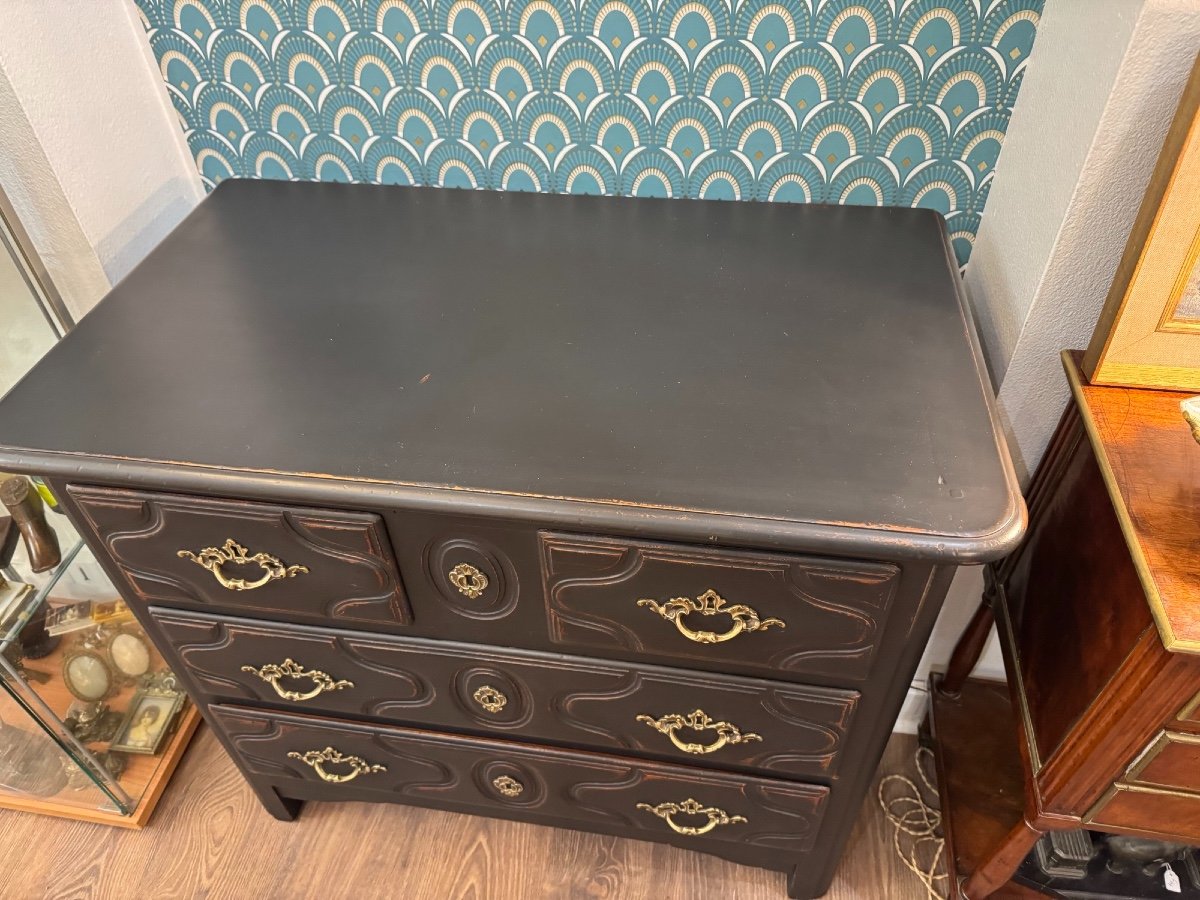 Ancienne Petite Commode Dite Parisienne Patinée Noire Style Louis XIV Meuble Peint-photo-1