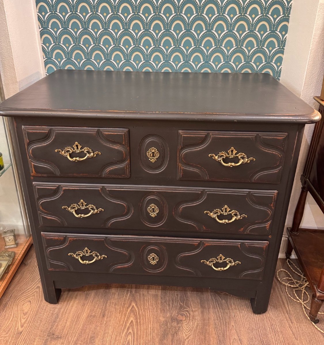 Old Small Chest Of Drawers Called Parisian Black Patinated Louis XIV Style Painted Furniture