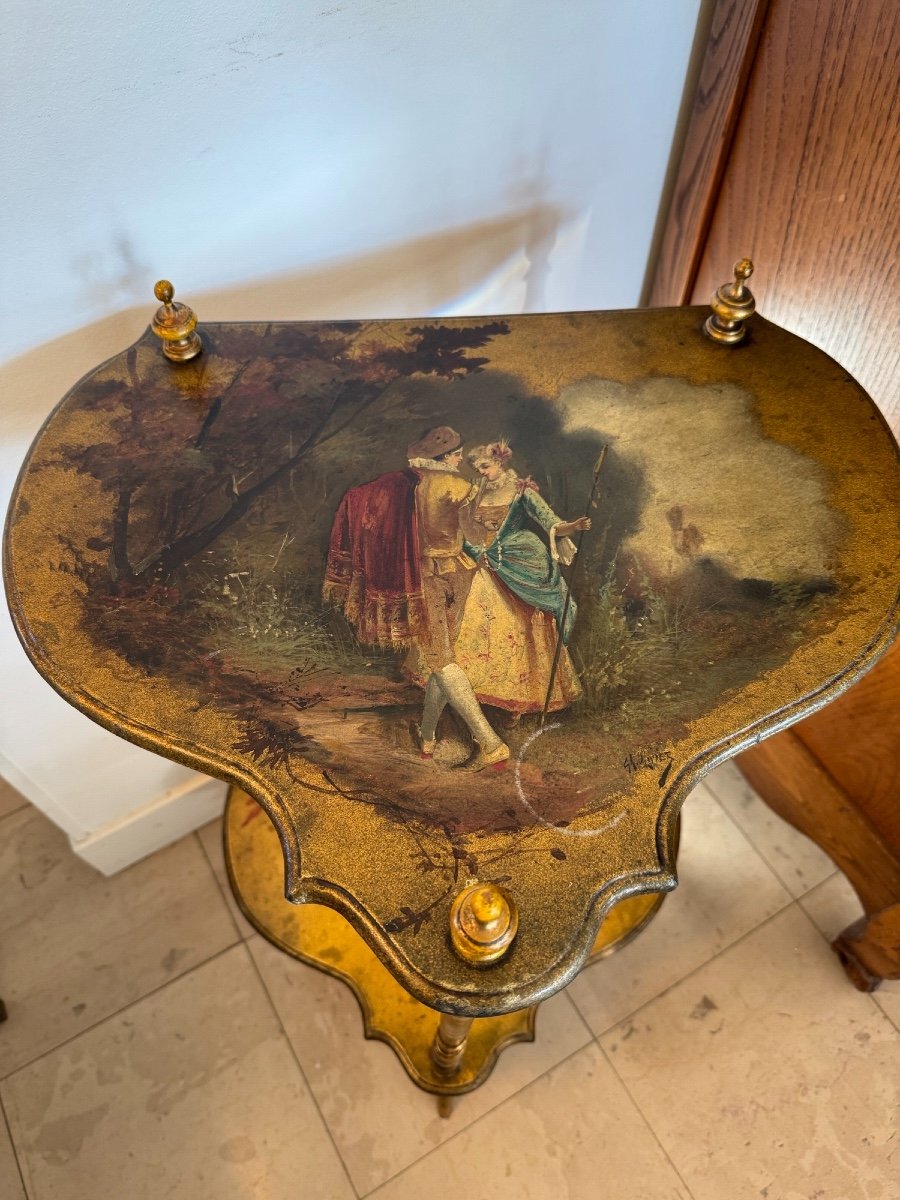 Antique Art Nouveau Side Table, Martin Varnished Side Table, Painted And Signed, Circa 1900-photo-2