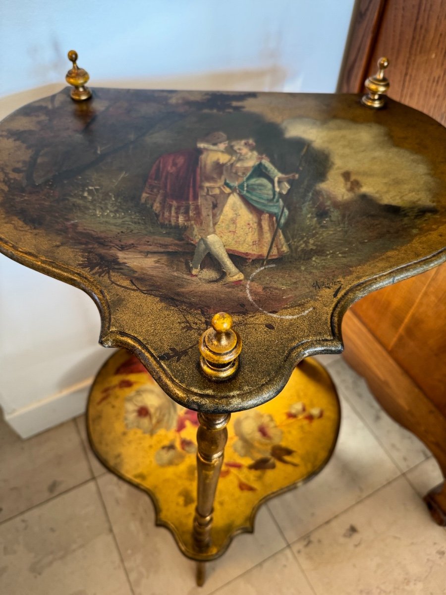 Antique Art Nouveau Side Table, Martin Varnished Side Table, Painted And Signed, Circa 1900-photo-5