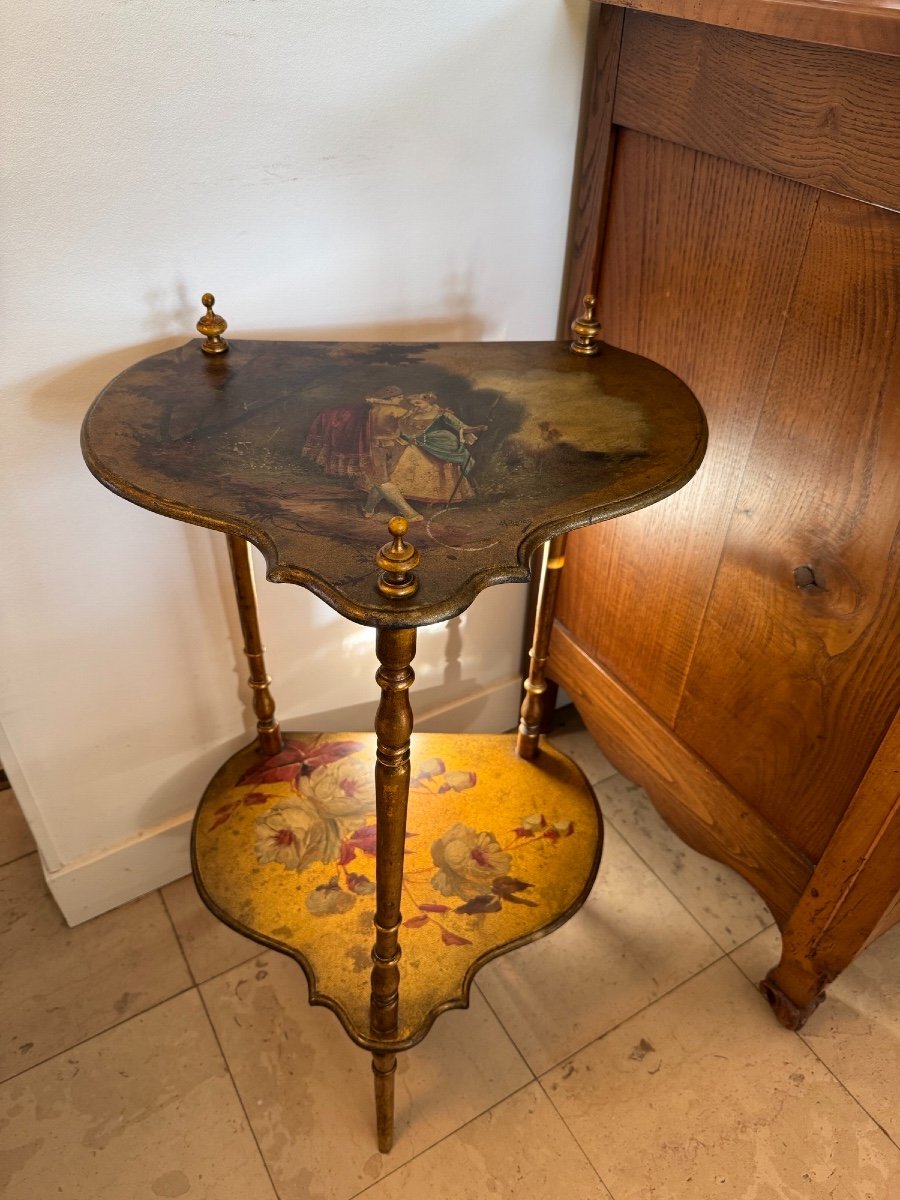 Antique Art Nouveau Side Table, Martin Varnished Side Table, Painted And Signed, Circa 1900