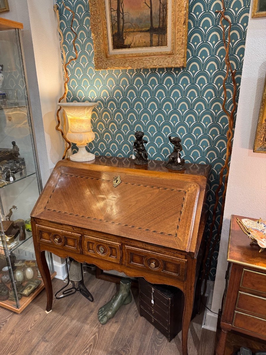 Ancien Bureau De Pente En Noyer Et Marqueterie époque Louis XV XVIII Eme Scriban, Bureau  Dame-photo-2