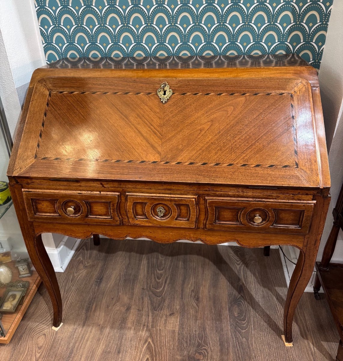 Ancien Bureau De Pente En Noyer Et Marqueterie époque Louis XV XVIII Eme Scriban, Bureau  Dame