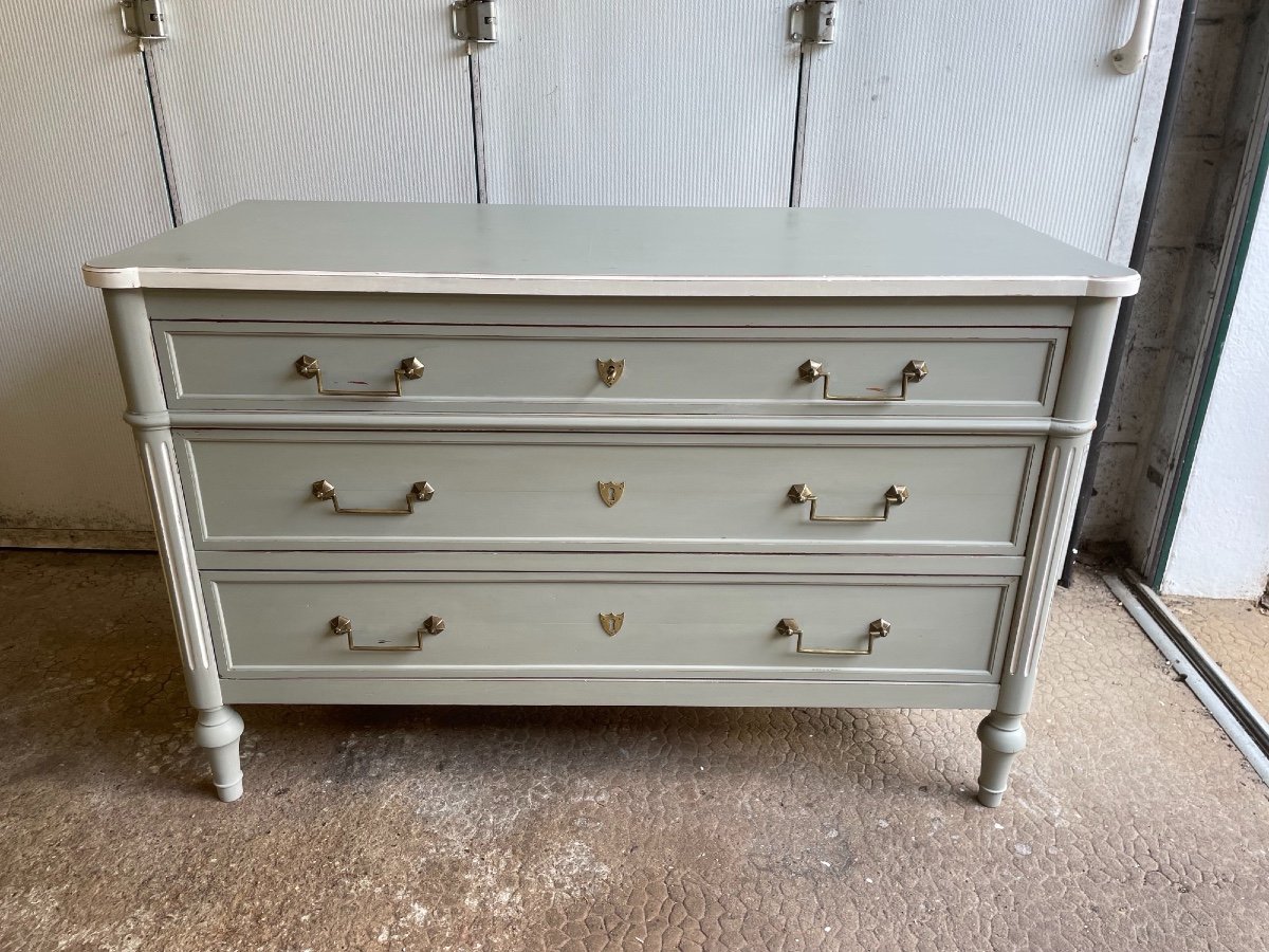 Old Louis XVI Style Chest Of Drawers With Grey Patina And White Retouching-photo-4