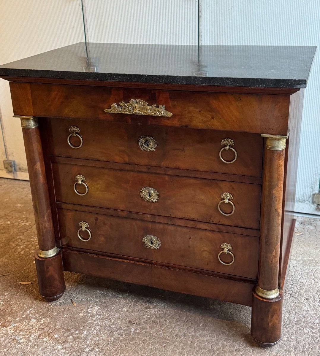 Old And Small Empire Chest Of Drawers, 19th Century, Mahogany, Marble And Quality Bronze-photo-3