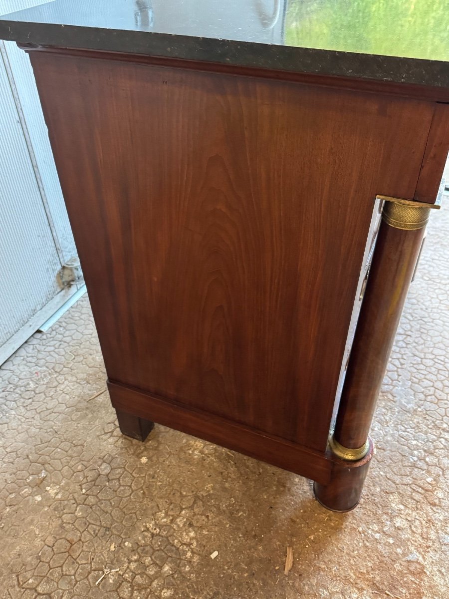 Old And Small Empire Chest Of Drawers, 19th Century, Mahogany, Marble And Quality Bronze-photo-4