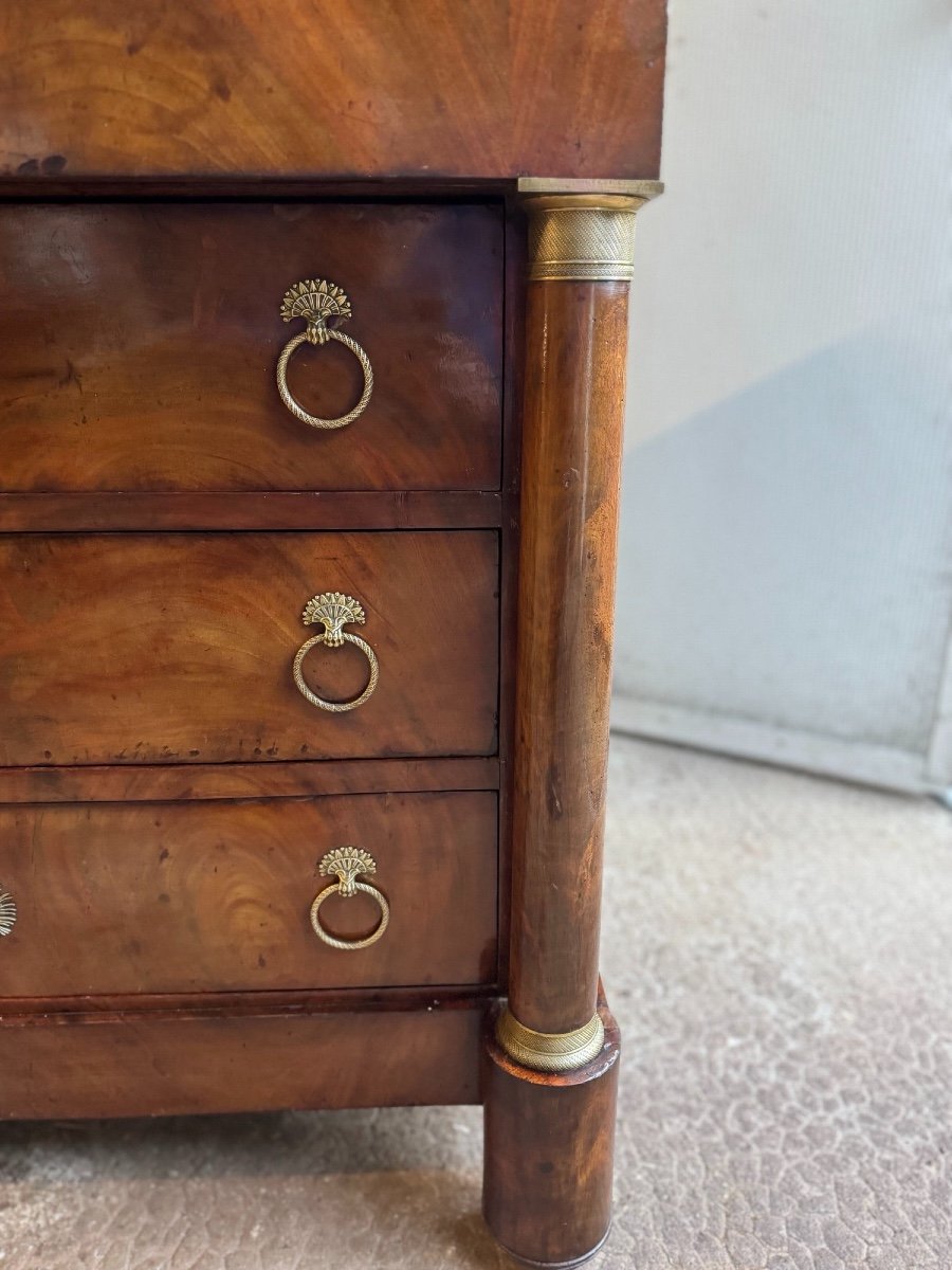 Old And Small Empire Chest Of Drawers, 19th Century, Mahogany, Marble And Quality Bronze-photo-1