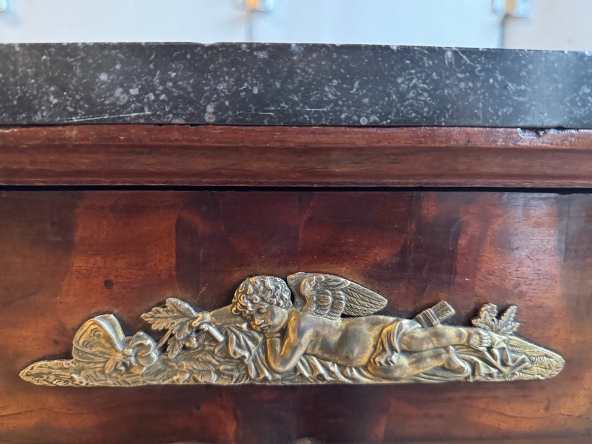 Old And Small Empire Chest Of Drawers, 19th Century, Mahogany, Marble And Quality Bronze-photo-2