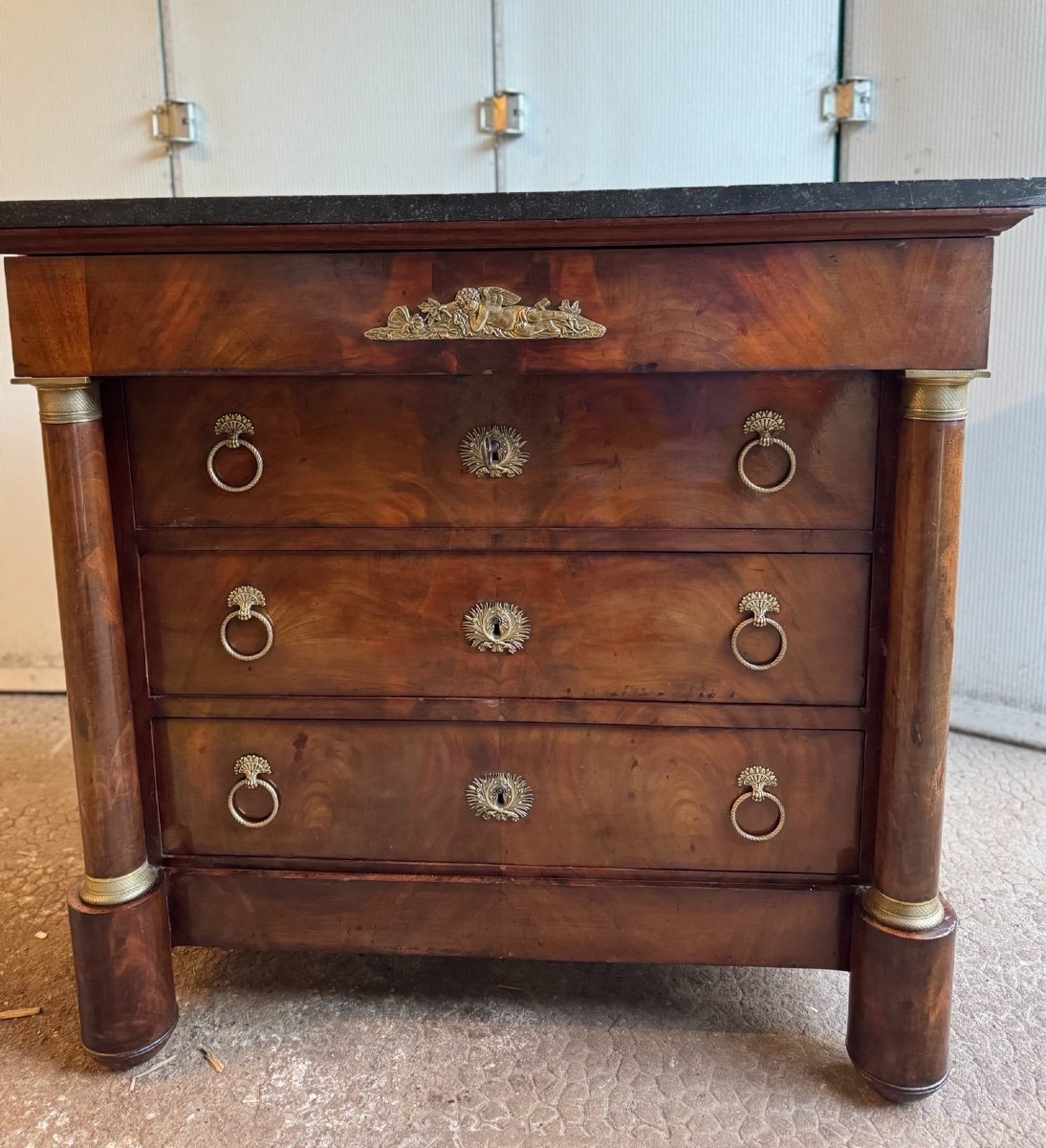 Old And Small Empire Chest Of Drawers, 19th Century, Mahogany, Marble And Quality Bronze