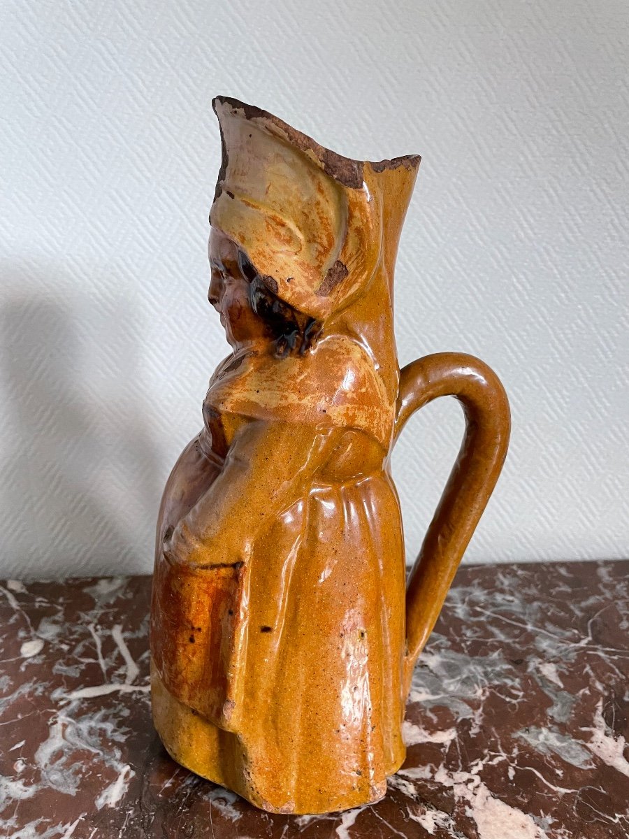 Rare Old Jacquot Jacqueline Pitcher In Beauvaisis Stoneware Early 19th Century Stoneware -photo-2