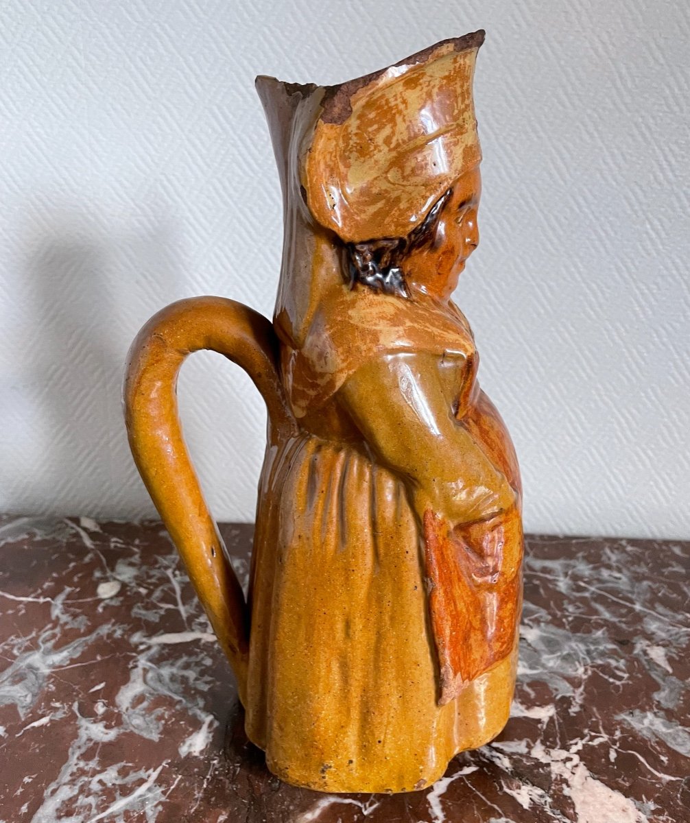 Rare Old Jacquot Jacqueline Pitcher In Beauvaisis Stoneware Early 19th Century Stoneware -photo-4