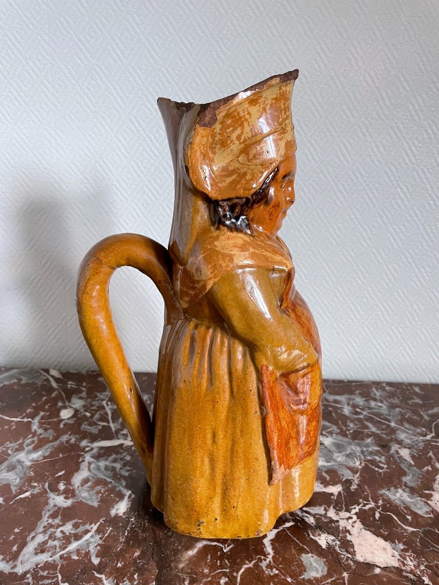 Rare Old Jacquot Jacqueline Pitcher In Beauvaisis Stoneware Early 19th Century Stoneware -photo-3