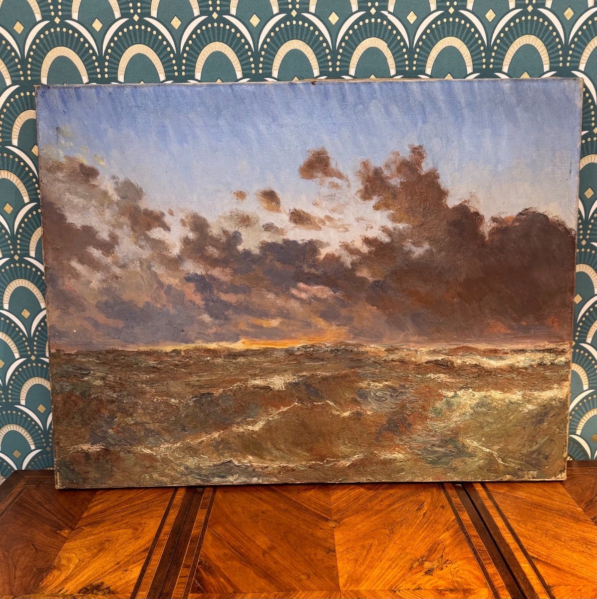 Old Marine Oil Painting On Canvas, The Sea Early 20th Century Key Frame -photo-1