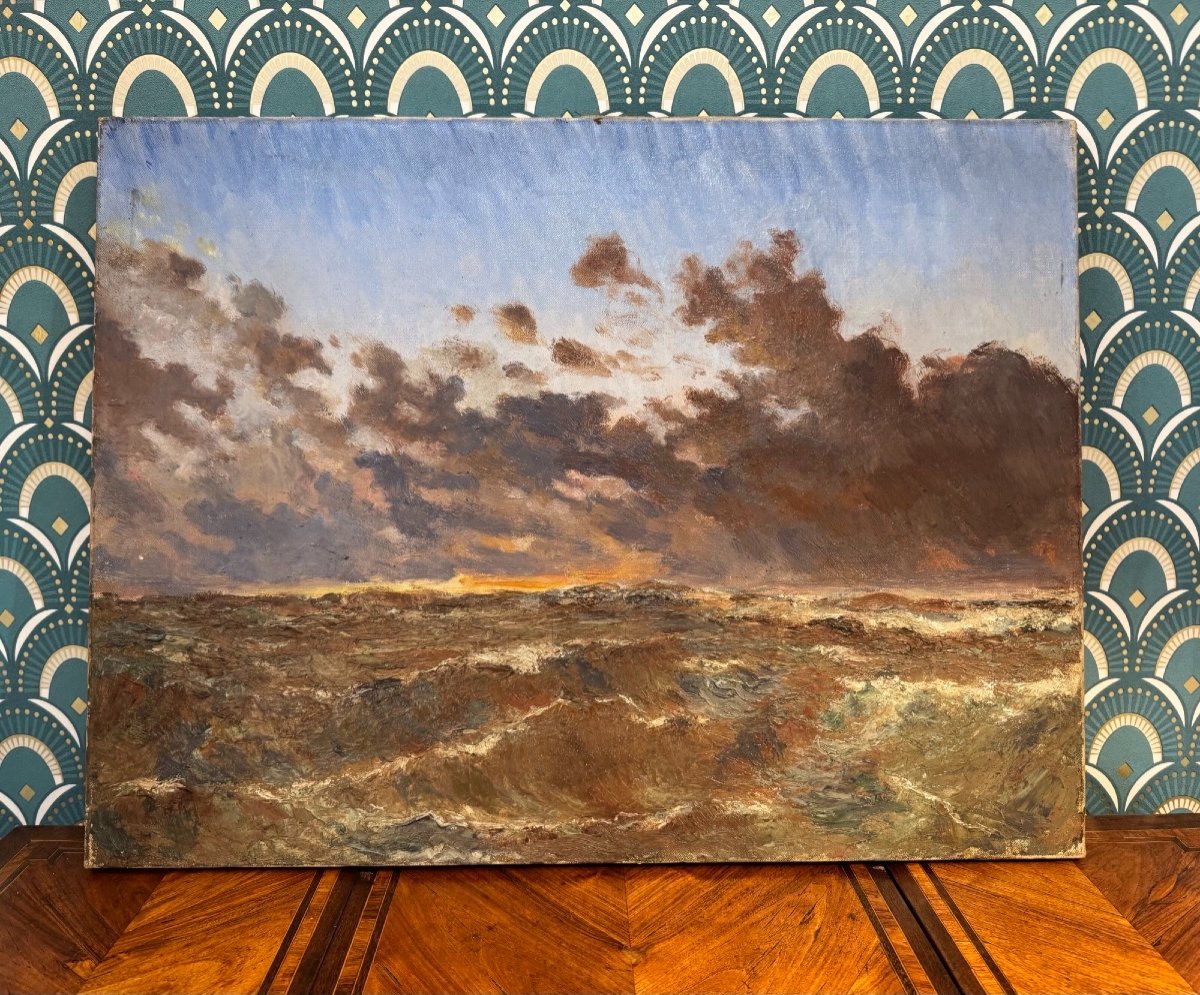 Old Marine Oil Painting On Canvas, The Sea Early 20th Century Key Frame 