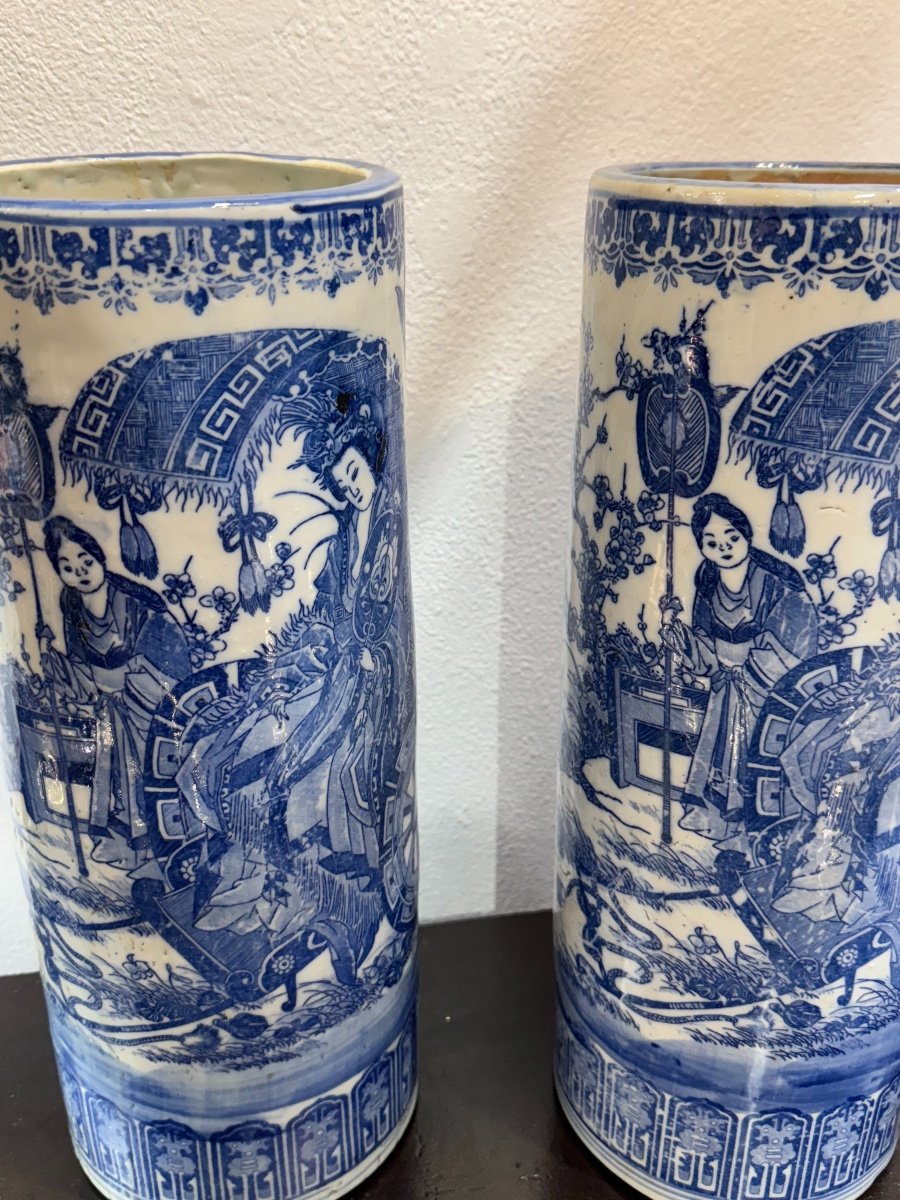 Old Pair Of Vases Called Rouleau In White Blue Chinese Porcelain Epo XIXth Old Vase-photo-4