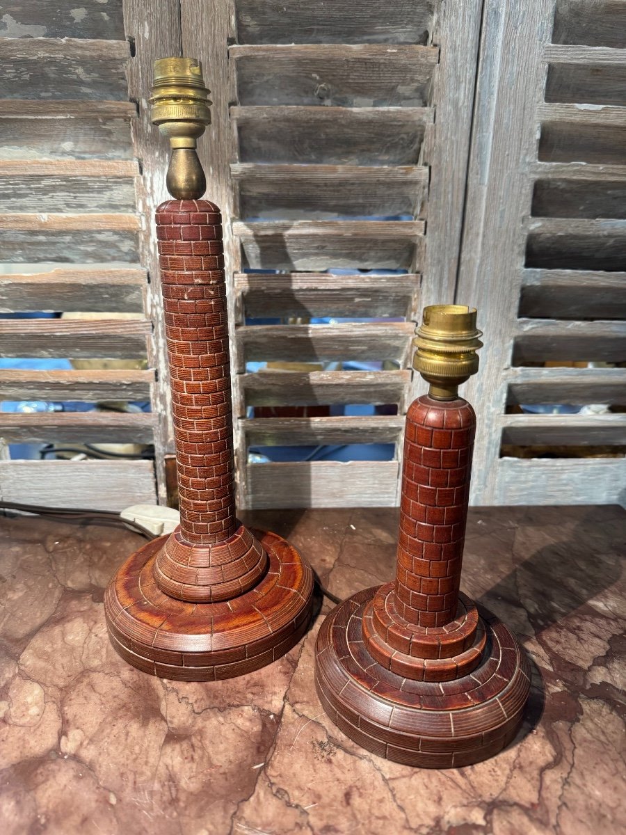 Ancienne Fausse Paire De Lampes En Bois Vintage En Phare De Marine Lampe Signée Milieu XX ème