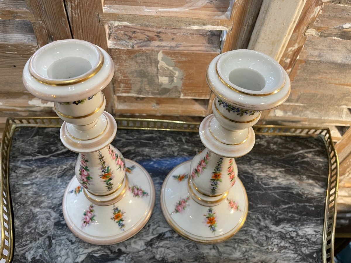 Antique Pair Of Paris Porcelain Candlesticks With Floral Decor Mid-19th Century -photo-4