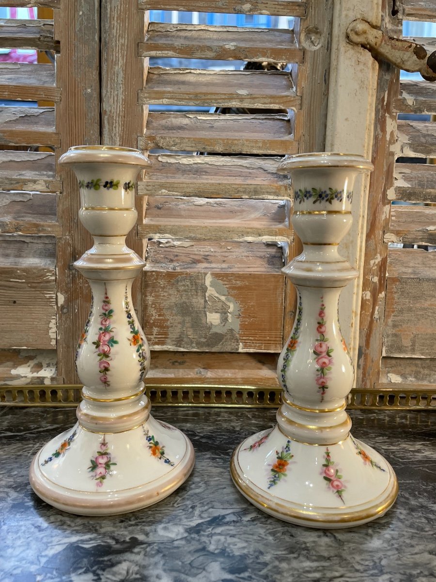 Antique Pair Of Paris Porcelain Candlesticks With Floral Decor Mid-19th Century -photo-1