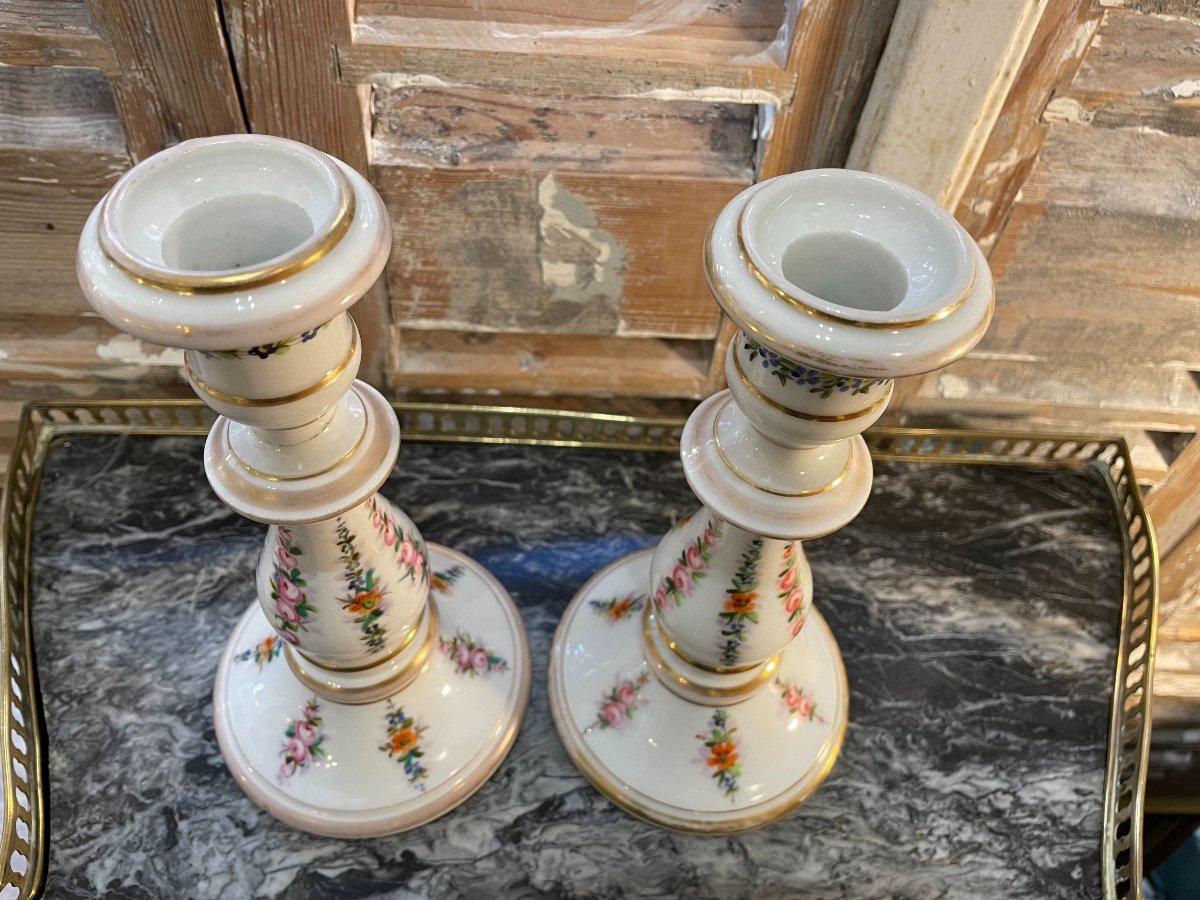 Antique Pair Of Paris Porcelain Candlesticks With Floral Decor Mid-19th Century -photo-4