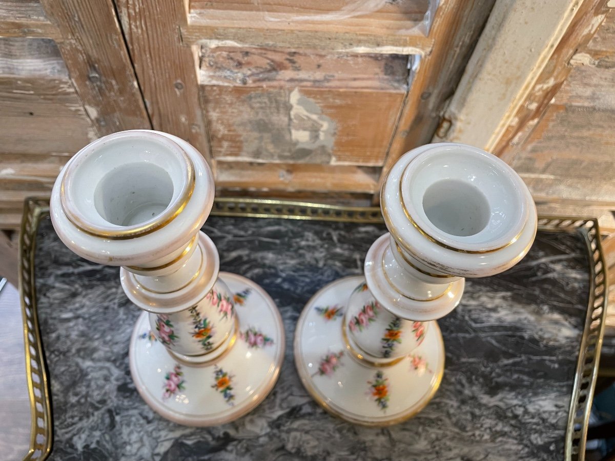 Antique Pair Of Paris Porcelain Candlesticks With Floral Decor Mid-19th Century -photo-5