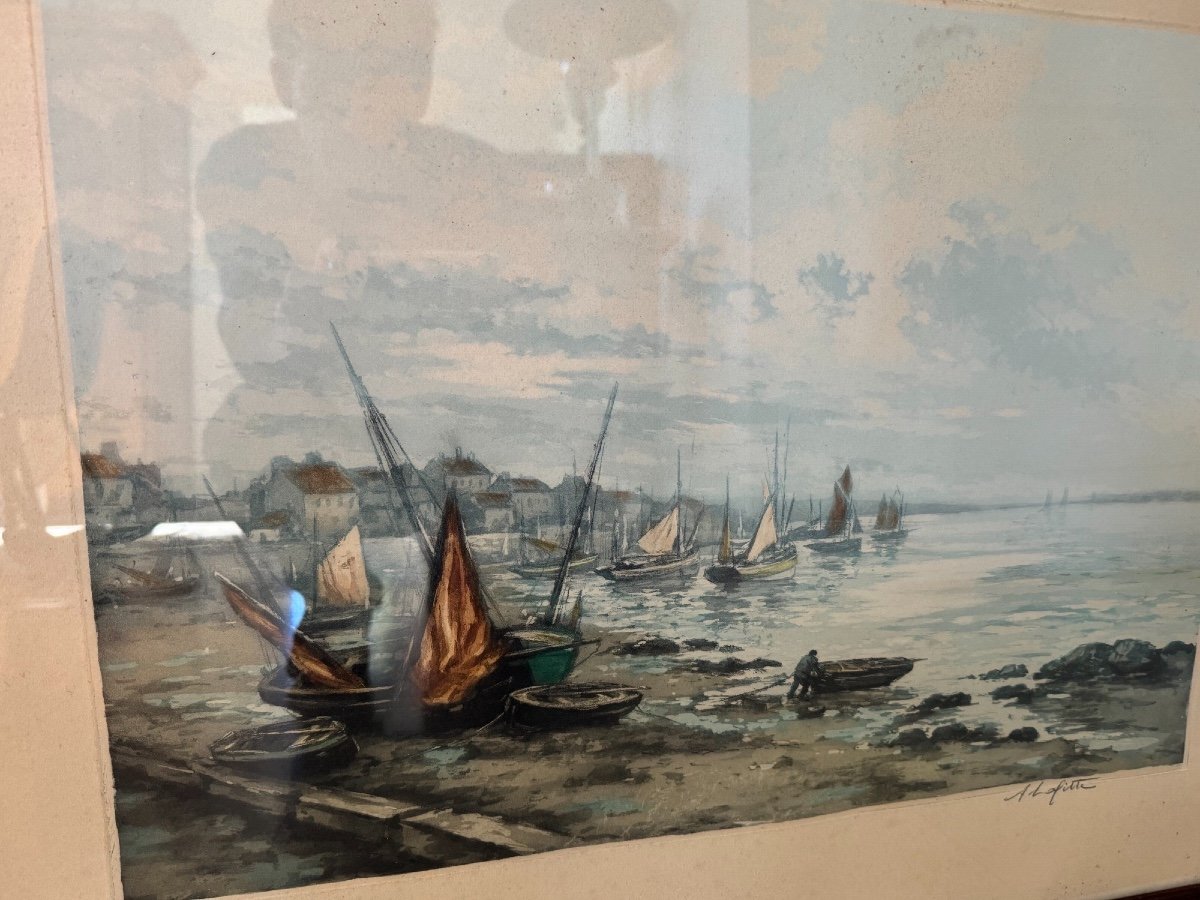 Old Marine Painting In Aquatint By M Robbe A Lafitte Brittany At Low Tide, Early 20th Century -photo-2