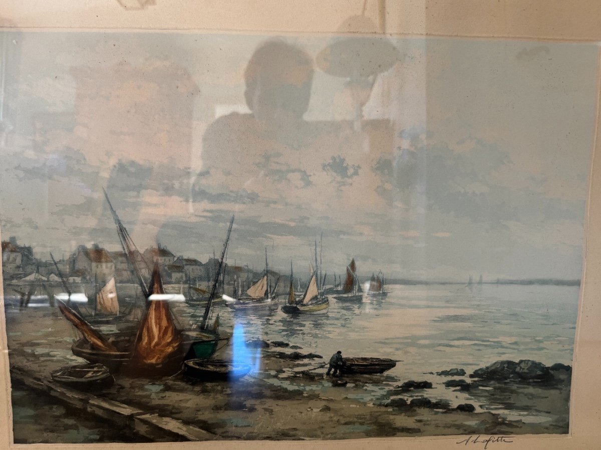 Old Marine Painting In Aquatint By M Robbe A Lafitte Brittany At Low Tide, Early 20th Century -photo-4