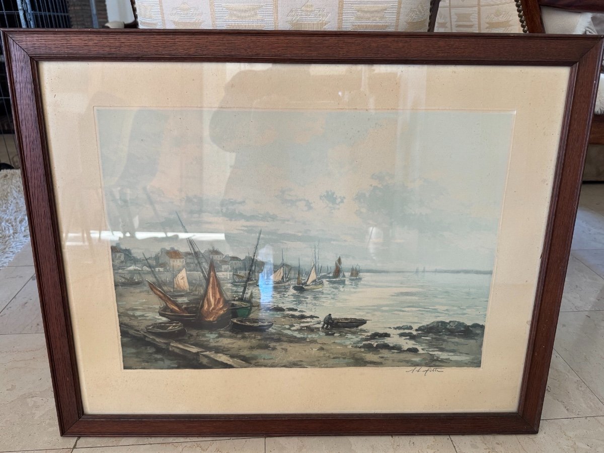 Old Marine Painting In Aquatint By M Robbe A Lafitte Brittany At Low Tide, Early 20th Century -photo-1