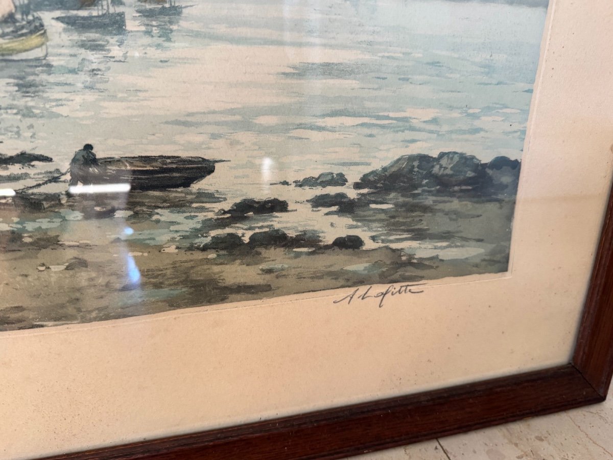 Old Marine Painting In Aquatint By M Robbe A Lafitte Brittany At Low Tide, Early 20th Century -photo-3