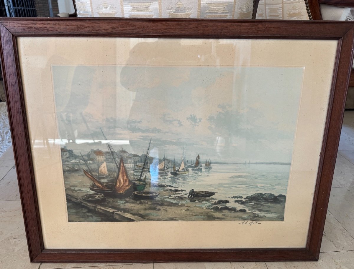 Old Marine Painting In Aquatint By M Robbe A Lafitte Brittany At Low Tide, Early 20th Century 