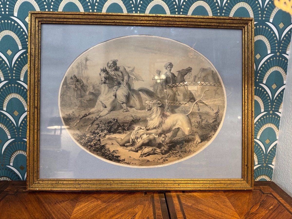 Old Engraving 19th Century Lion Hunting By Bes And Dubreuil-photo-3