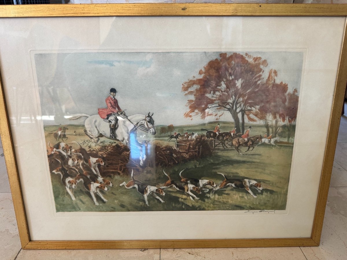 Ancienne Paire De Lithographies Par Eugene Leliepvre Vénerie Anglaise, Chasse à Courre Beagle -photo-2