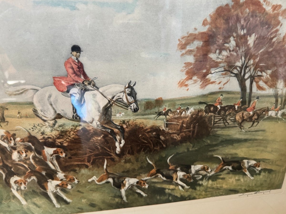 Ancienne Paire De Lithographies Par Eugene Leliepvre Vénerie Anglaise, Chasse à Courre Beagle -photo-3