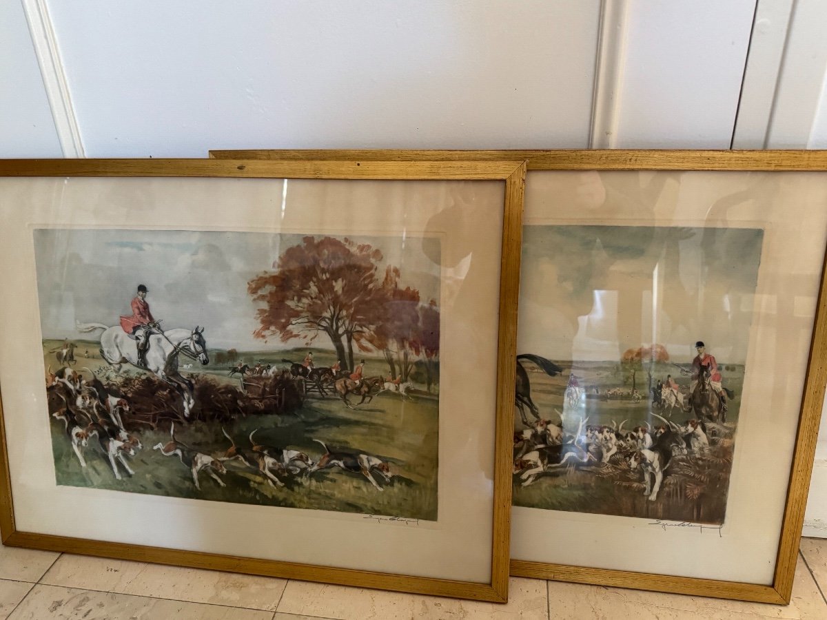 Ancienne Paire De Lithographies Par Eugene Leliepvre Vénerie Anglaise, Chasse à Courre Beagle -photo-1