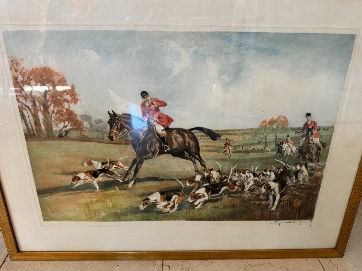 Ancienne Paire De Lithographies Par Eugene Leliepvre Vénerie Anglaise, Chasse à Courre Beagle -photo-5