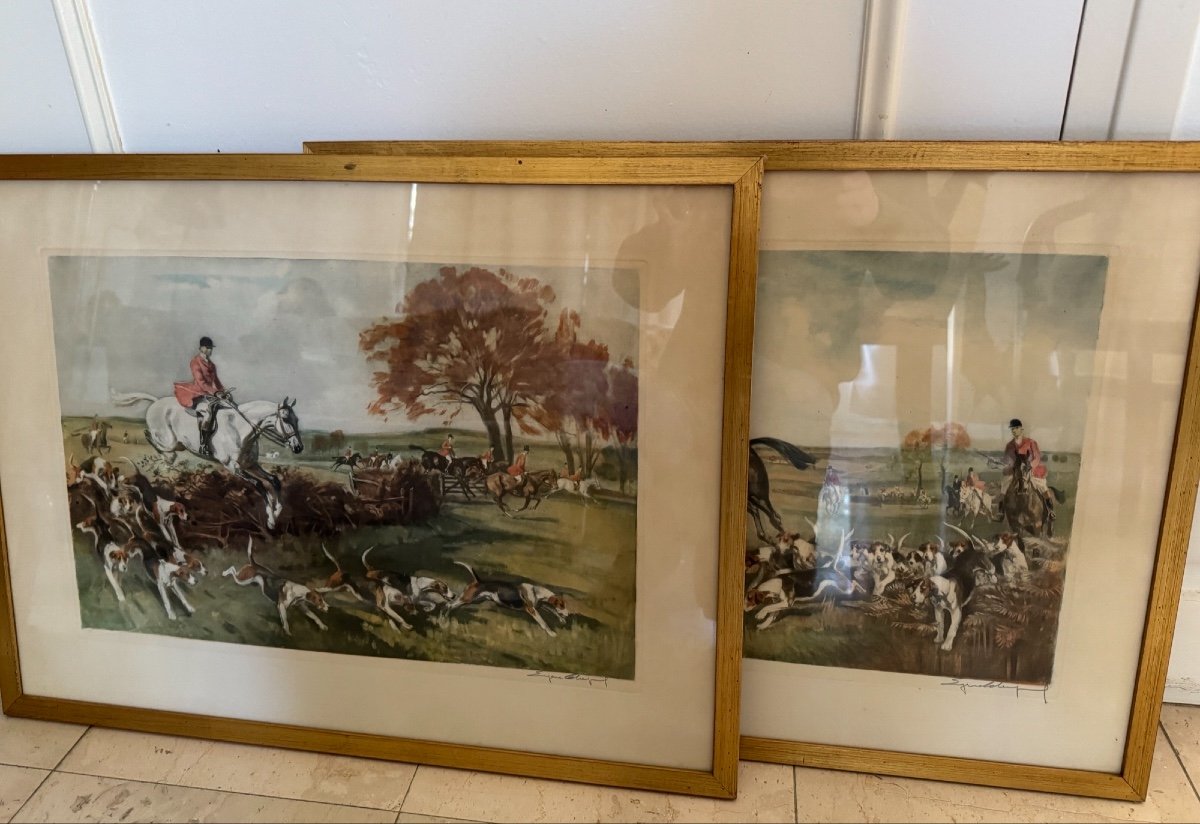 Ancienne Paire De Lithographies Par Eugene Leliepvre Vénerie Anglaise, Chasse à Courre Beagle 