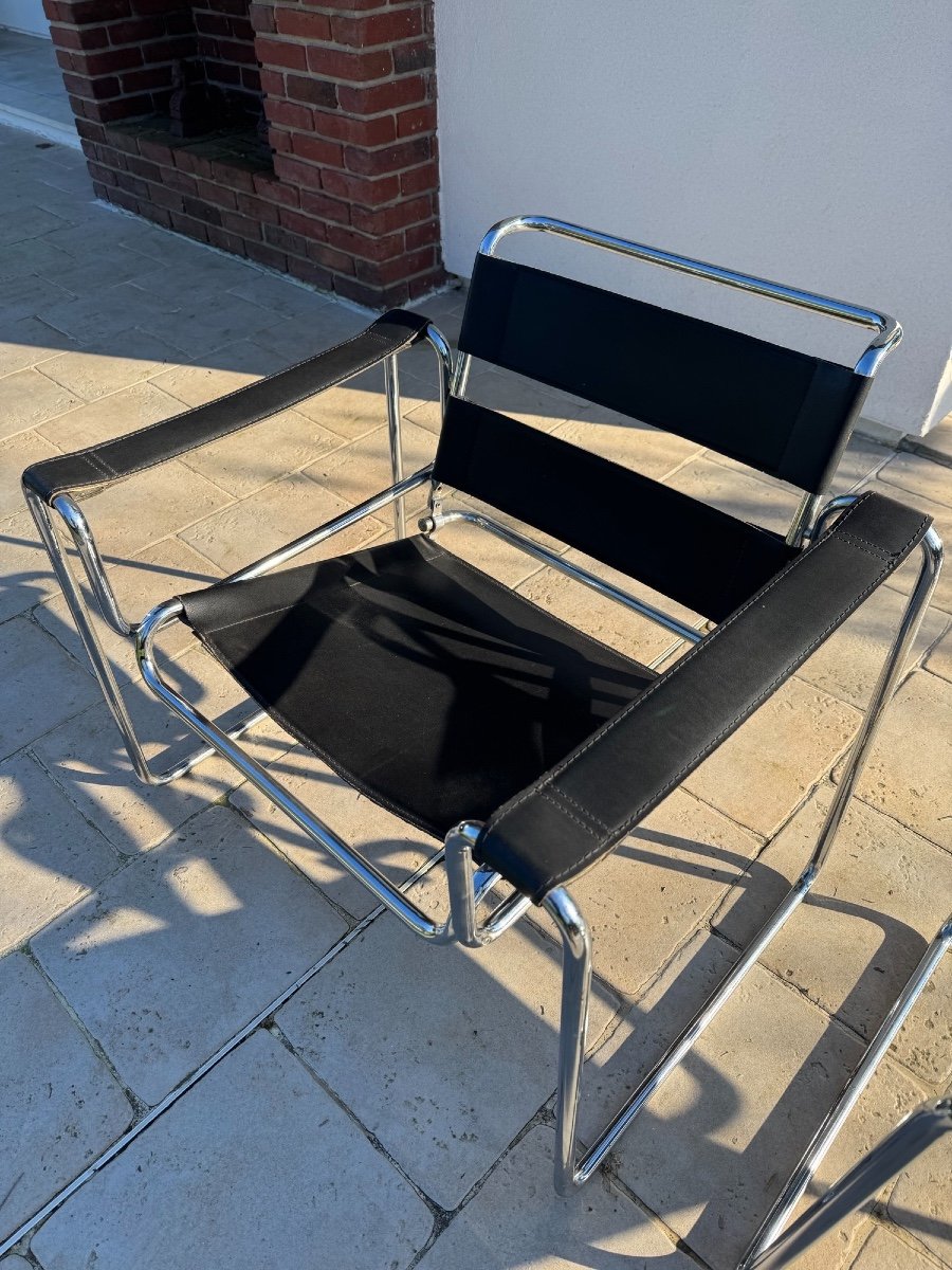 Old Pair Of Vintage Armchairs In The Wassily Brauer Style Circa 1980 Old 20th Century Design-photo-3