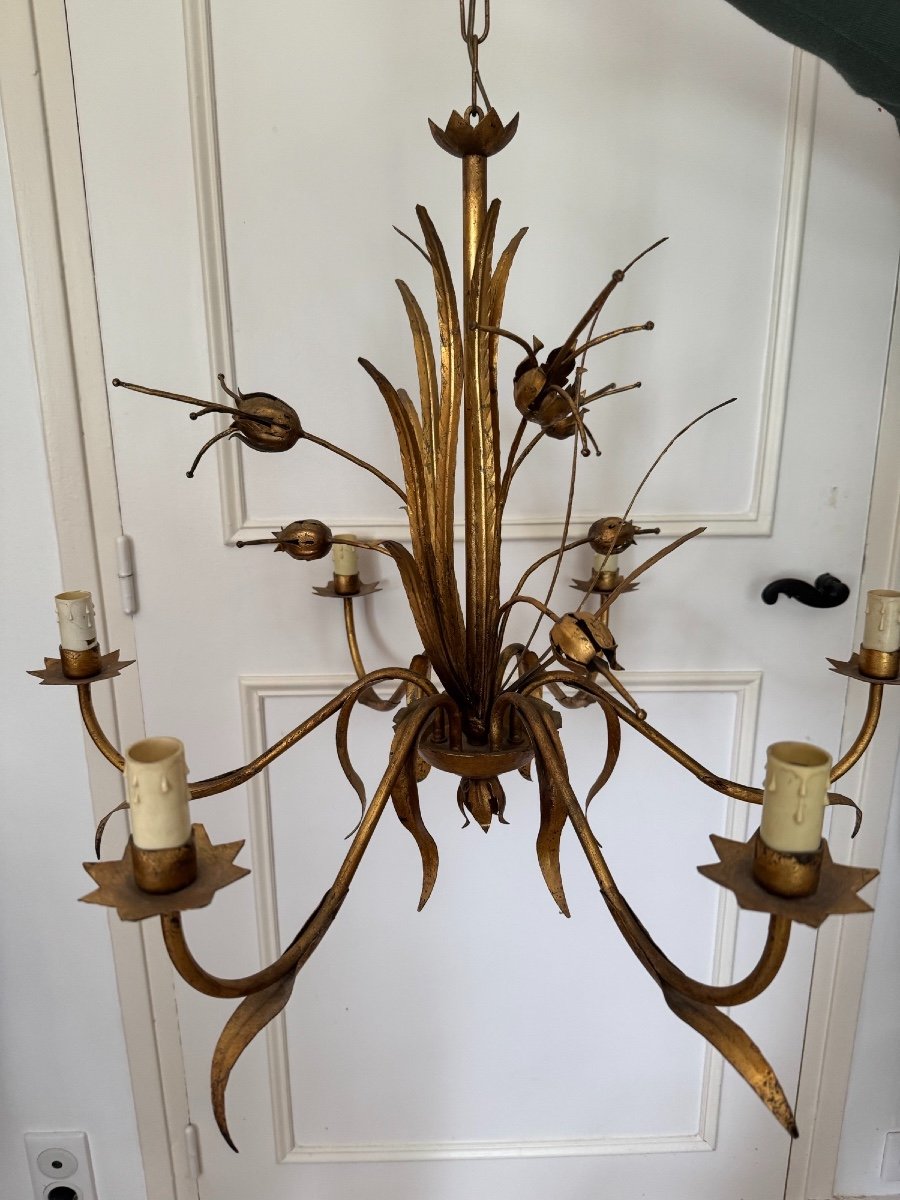 Antique Vintage Chandelier In Gold Metal With Floral Plant And Foliage Motif Circa 1960-photo-2