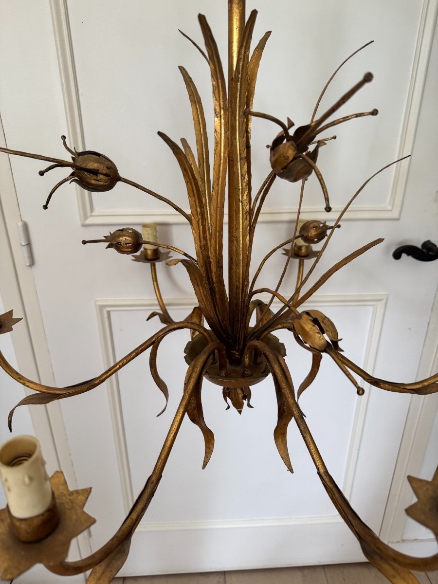 Antique Vintage Chandelier In Gold Metal With Floral Plant And Foliage Motif Circa 1960-photo-3