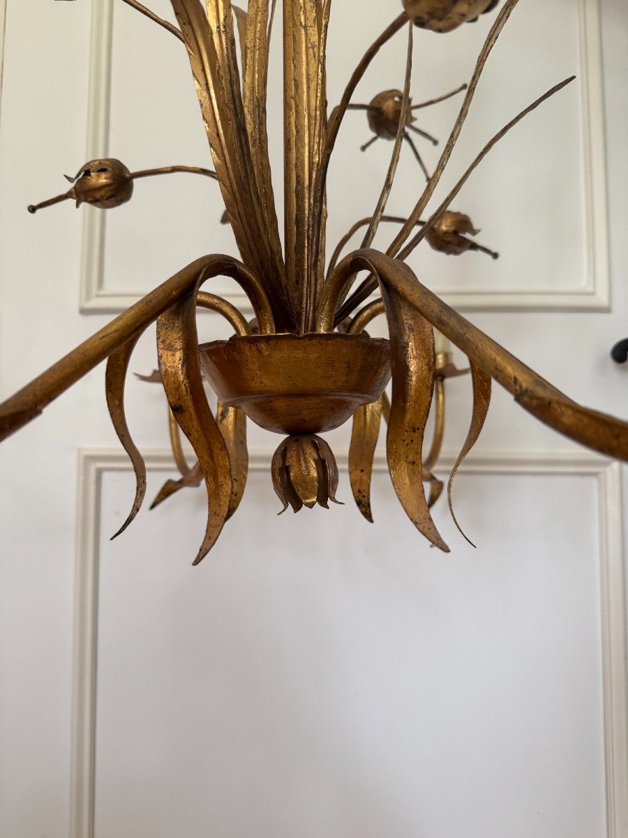 Antique Vintage Chandelier In Gold Metal With Floral Plant And Foliage Motif Circa 1960-photo-4