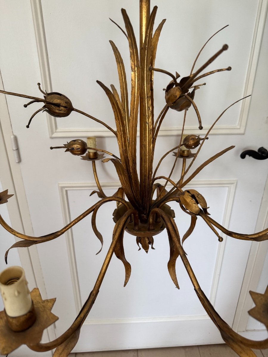 Antique Vintage Chandelier In Gold Metal With Floral Plant And Foliage Motif Circa 1960-photo-3