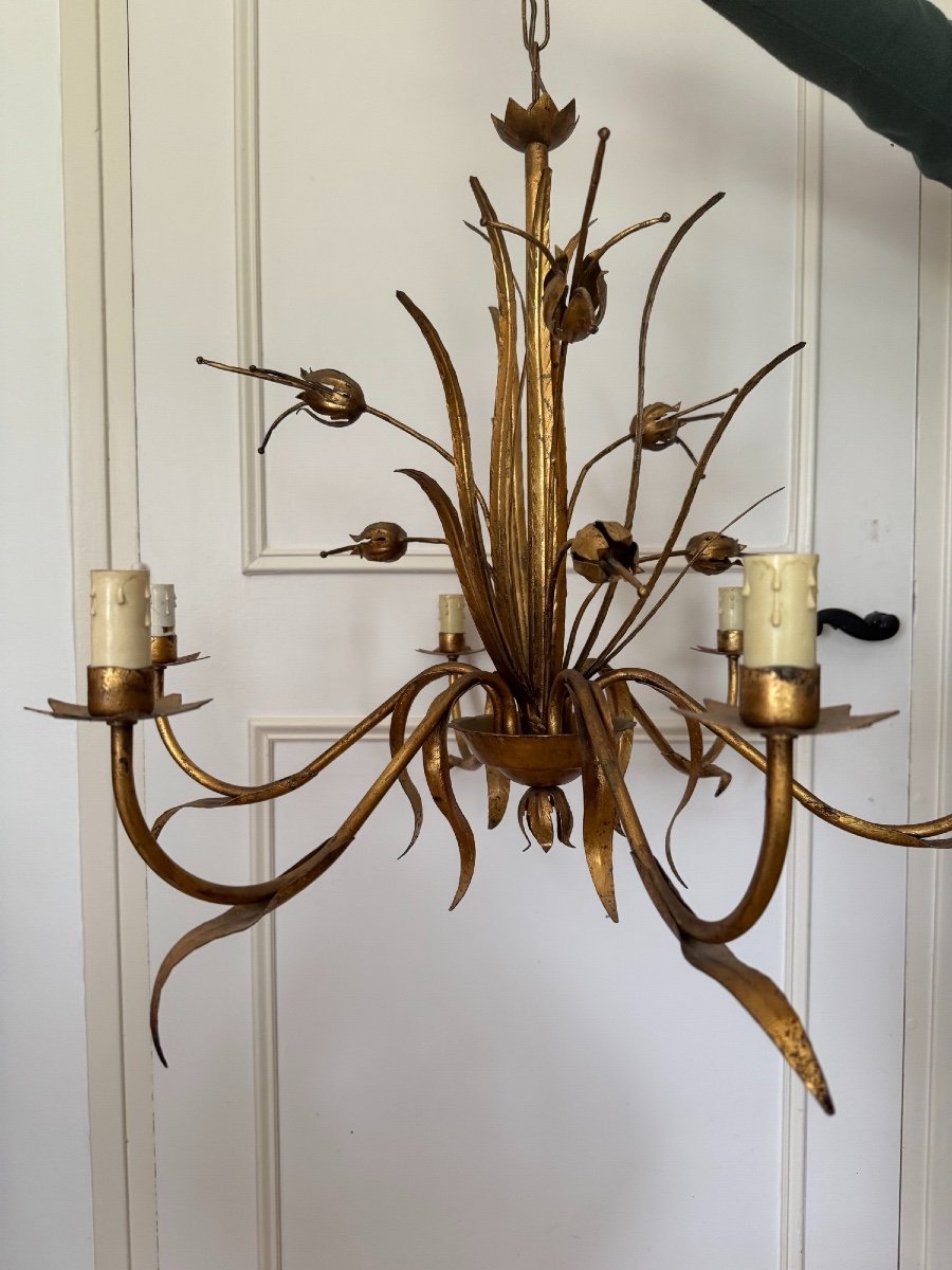 Antique Vintage Chandelier In Gold Metal With Floral Plant And Foliage Motif Circa 1960-photo-5